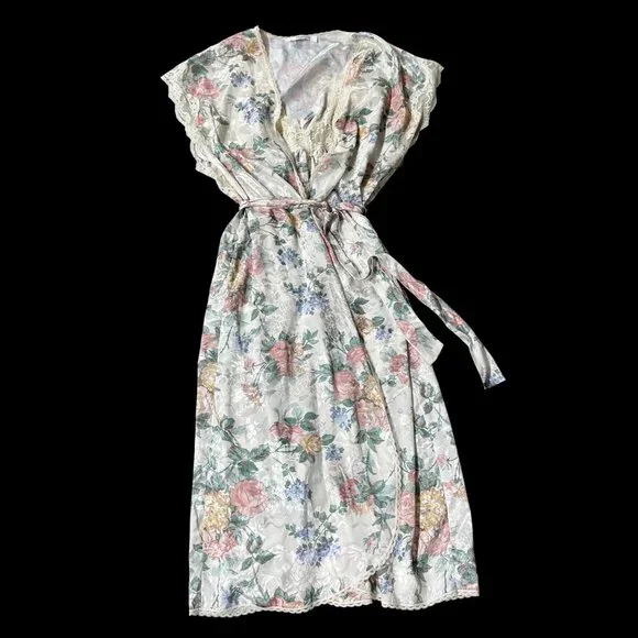 Vintage Nightgown Robe Set 1980s Dreamtime USA Floral Lace Trim Pastel Med? READ - Picture 2 of 10